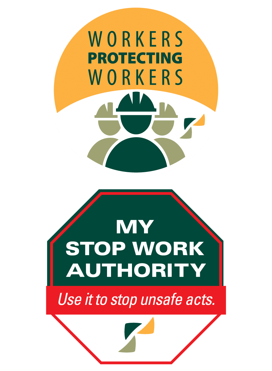 Workers protecting workers logo and stop work authority logo
