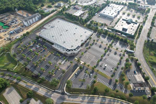 Overhead view of a commercial parking lot